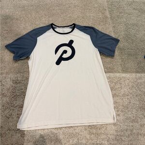 Peloton Men’s White Tee with Blue Raglan Sleeves and Navy Logo